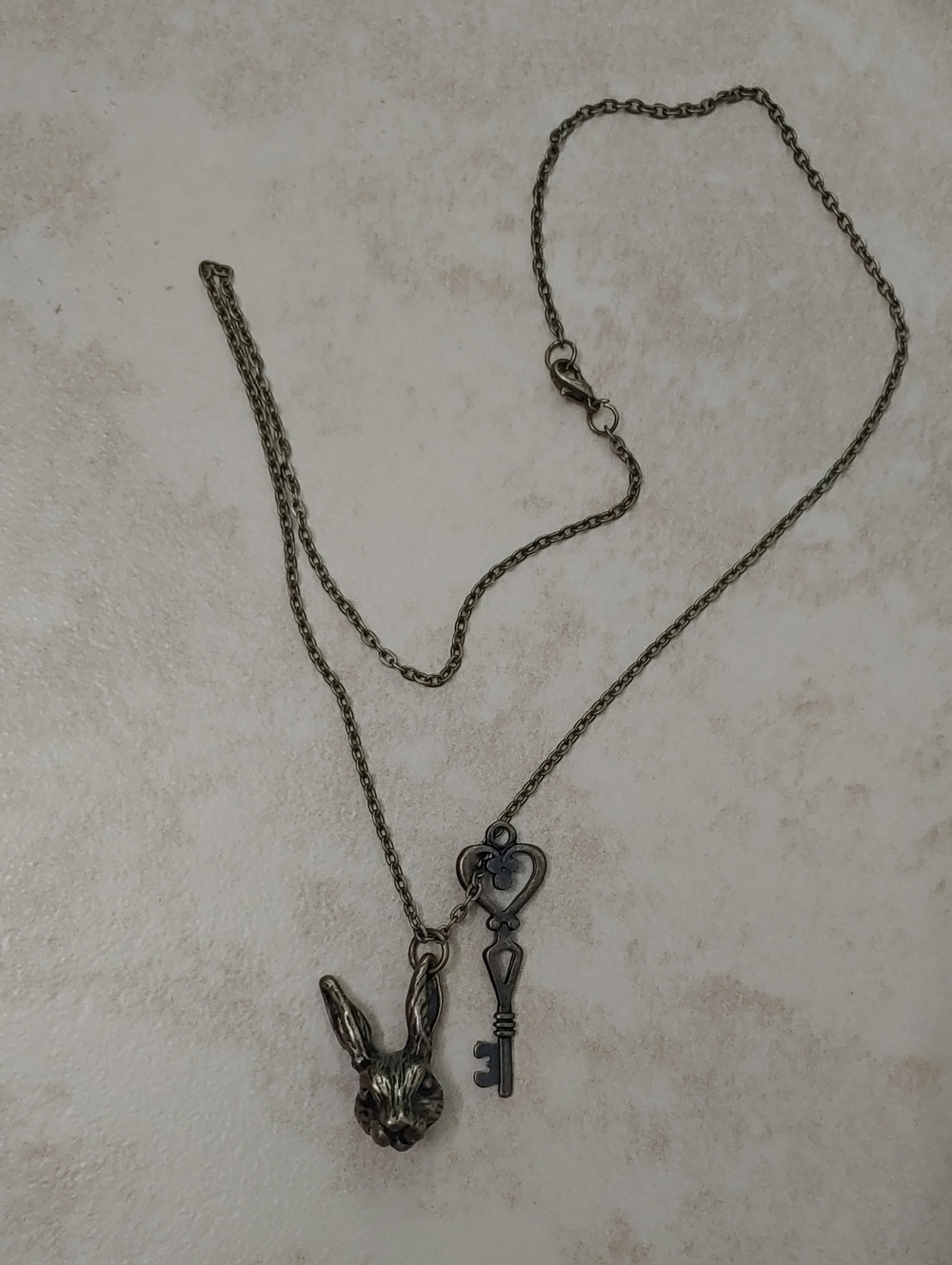 Cottagecore Necklace Rabbit Head & Skeleton Key Jewelry Antique Brass Tone